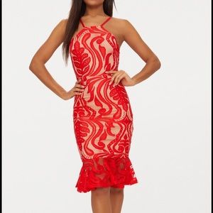 Red Lace Frill Hem Midi Dress-red lace/nude lining